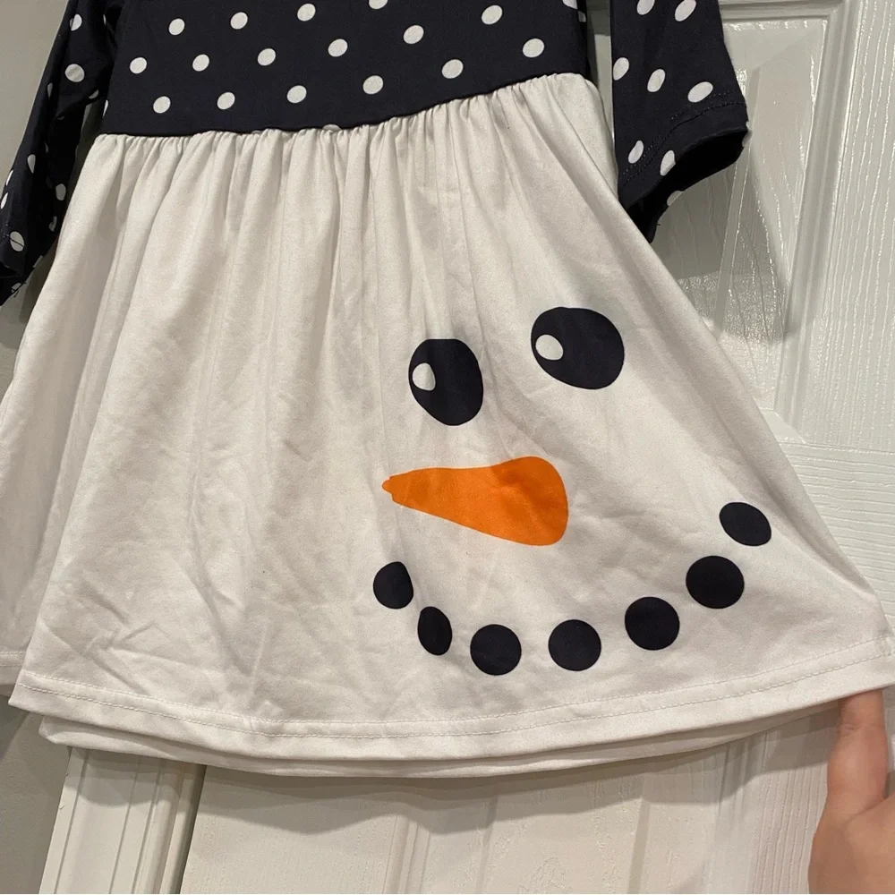 Toddler Girl 1- 2 Year Snowman Dress Ruffle Long Sleeve Polka Dot Black White